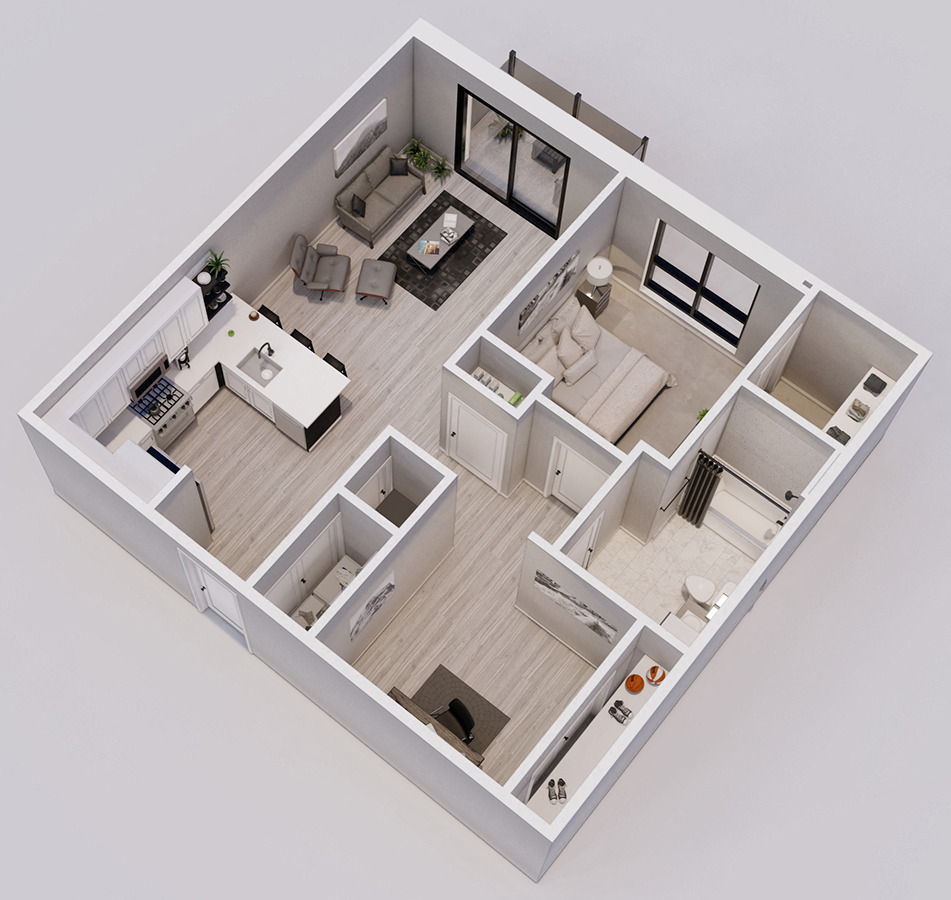 Floor plan for 1 bed, 1 bath, 856 sqft